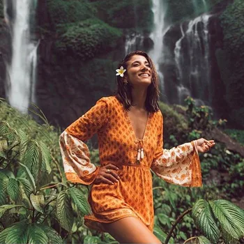 

Boho Summer Playsuits Sunflower Floral Printed Spring Summer Overalls Lace Up Women Playsuits Long Sleeve V-neck Cotton Jumpsuit
