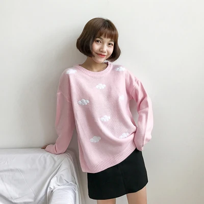 Женский свитер Kawaii Ulzzang в винтажном стиле для колледжа, свободный свитер с облаками, женский корейский панк толстый милый свободный свитер Harajuku, одежда для женщин - Цвет: Розовый