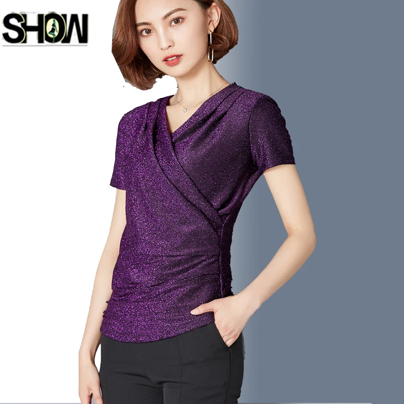 V Neck Purple Tops New Hot Korean Style Women Designer Fashion Summer Slim  Fit Elegant Ladies Work Office Formal T Shirt 4008 - T-shirts - AliExpress