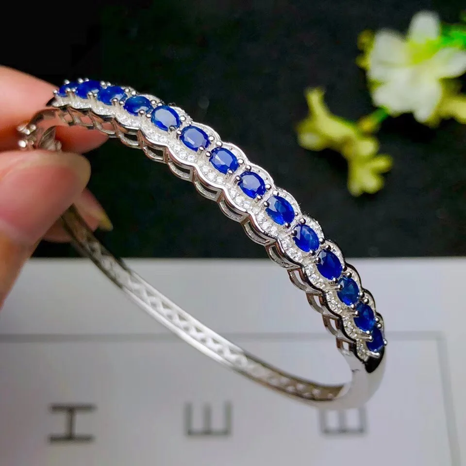 Natural And Real sapphire bangle Free shipping Natural real Blue sapphire 925 sterling silver Fine jewelry
