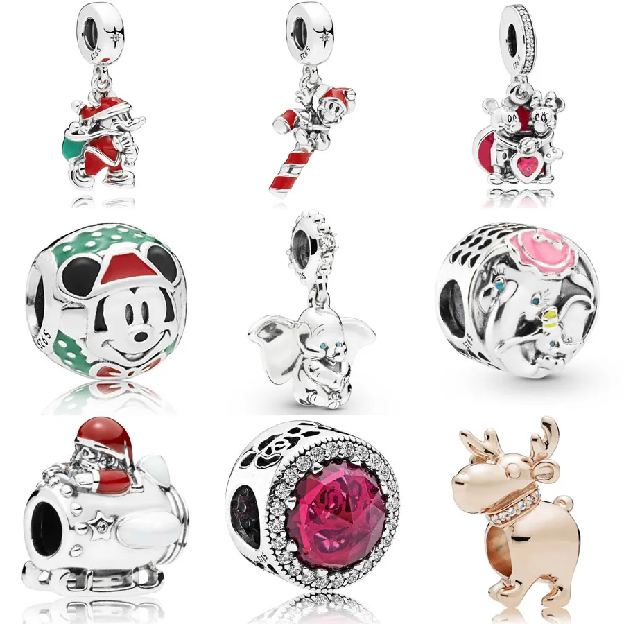 

Christmas Mickey 925 Sterling Silver Dumbo Hanging Pendant Charm Fit pandora Bracelet Belle's Radiant Rose Charm DIY Jewelry