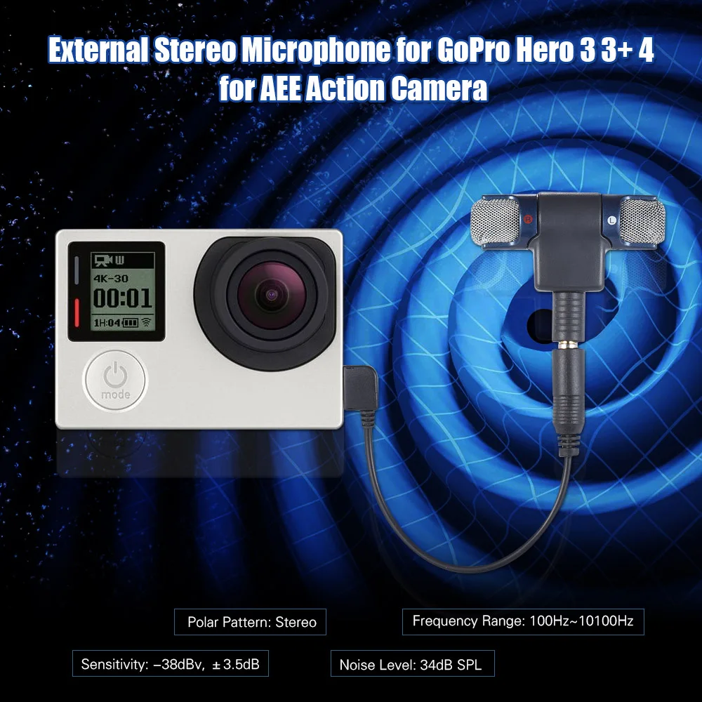 Внешний стерео микрофон с 3,5 мм до мини-usb Кабель-адаптер для GoPro Hero 3 3+ 4 для AEE спортивной экшн-камеры