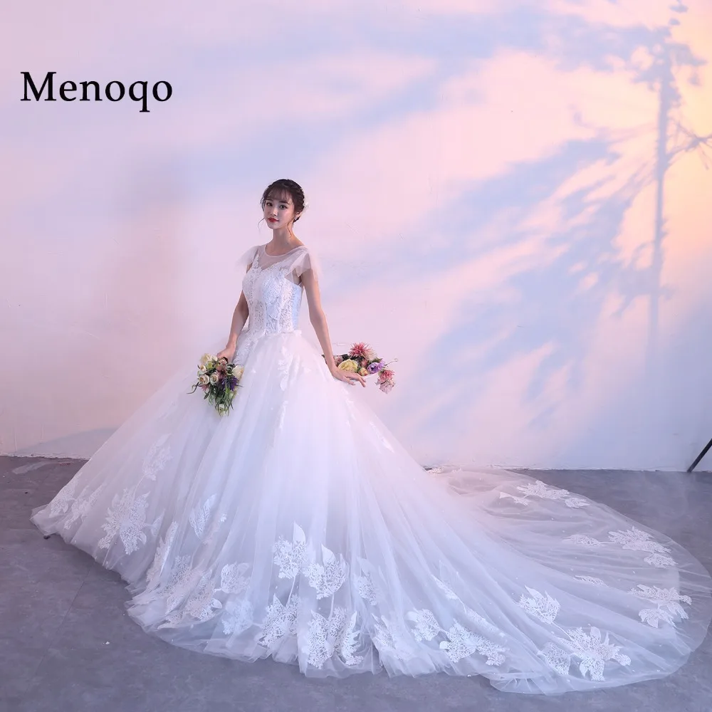 

Menoqo Lace Up Ball Gown Quality Wedding Dresses Vestido de Noivas Cap Sleeve Luxury Long train Bridal Dress Real Photo