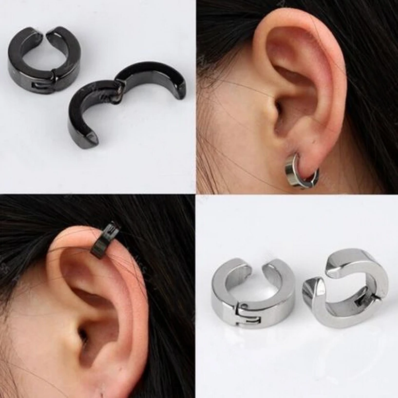 2Pair Men Stainless Steel Fake Piercing Ear Stud Cuff Hoop Non Piercing