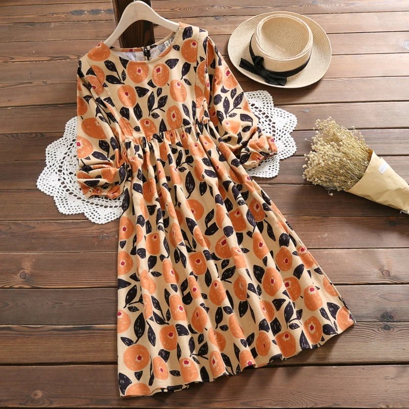 

2019 Japanese Mori Girl Women Sweet Dress Elegant Cute Floral Print Feamle Vestido Vintage Kawaii Cotton Linen High Waist Dress