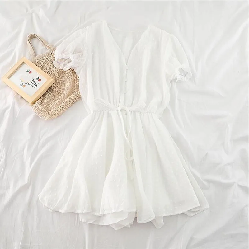 

Women Polka Dot Chiffon Overalls Sashes Korean Short Sleeve V Neck Beach Rompers Loose Casual Summer Wide Leg Playsuits
