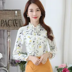Корейский цветочный принт шифоновая блузка женская рубашка Мода 2019 Лето офисный Женский Топ с длинным рукавом плюс размер блузка сорочка