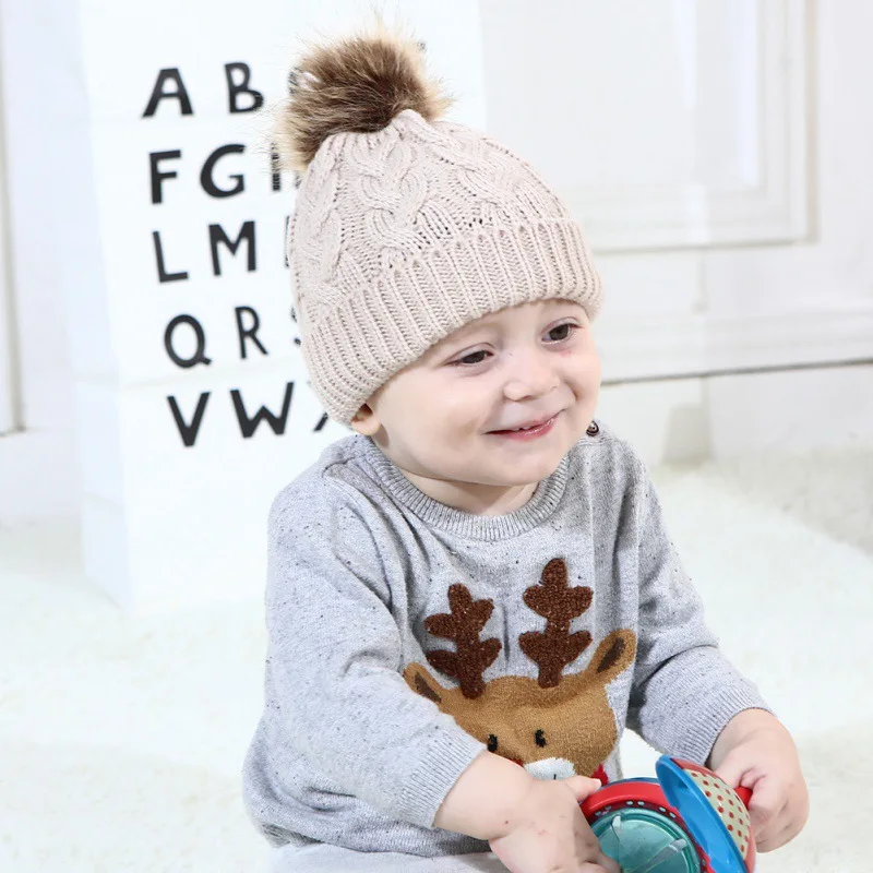 Для новорожденных девочек и мальчиков зимние теплые шерстяные Меховая детская шапка с помпоном мяч детские трикотажные хлопок Hat шапочка