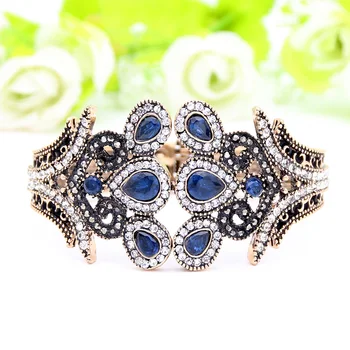 

Exquisite Ethnic Resin Flower Bangle Bracelet Turkish Crystal Jewelry Cuff Antique Gold Color Peacock Bracelets Tulip Bangle