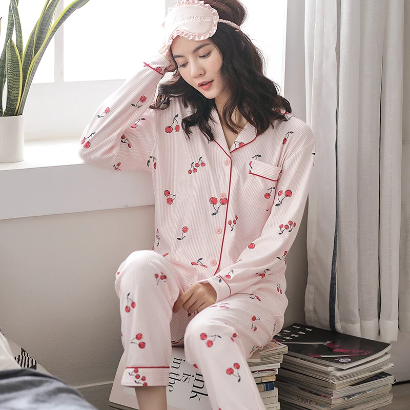 Fruit Stripe Print Women Pajamas Sets Autumn Winter Women Pajamas