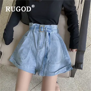 

RUGOD 2019 new arrival loose high waist slim denim shorts belt Rolled denim shorts casual pantalones cortos mujer