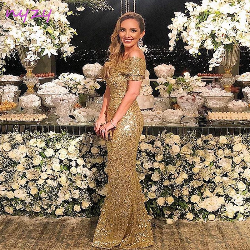 NYZY E8 Elegant Off Shoulder Gold Sequin Gown Formal Dress vestido de festa longo 2019 Mermaid Evening Dresses Long