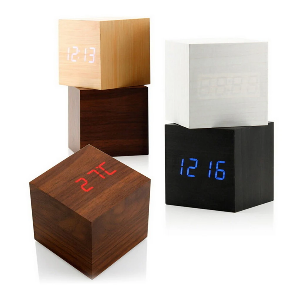 Прекрасный деревянный куб часы Голосовое управление светодиодный цифровой будильник Настольный Повтор электронные настольные часы Nixie деревянный прикроватный будильник