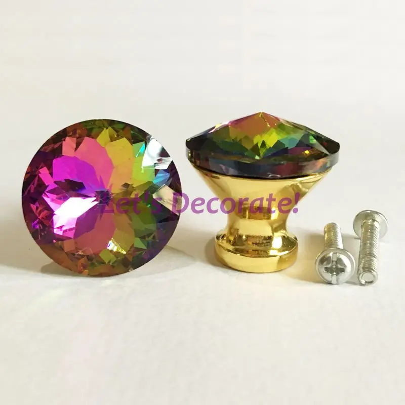 

10PCS/LOT Good Quality Hand-made Knobs 30mm Rainbow Multicolored Redbud Crystal Knobs/Cabinet Knobs With Chrome Finish Base