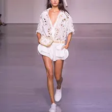 

2018 Summer Luxury Brand Women Shorts Half-Sleeve White O-neck Shirt Beach Style Women Hollow Out Sexy Sets Casual Sets Women