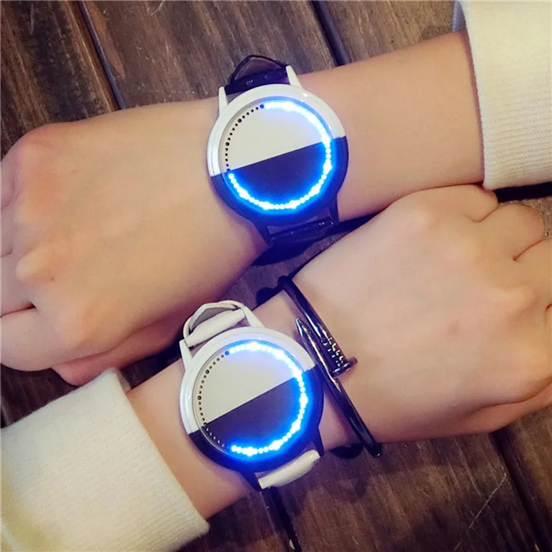 

Cool LED Black White Touch Screen Steel Shell watches Genuine Leather Strap Digital Watch lovers' Wrist Watch Gift for Men Clock