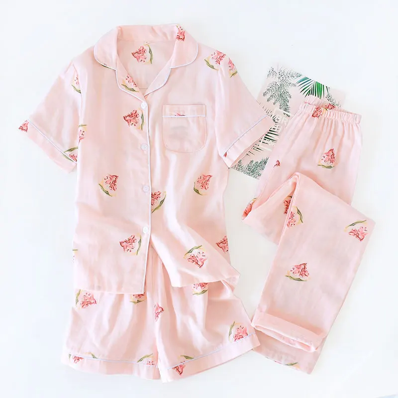 Комплект из 3 предметов, свежая женская летняя Пижама с коротким рукавом, Марлевое хлопковое ночное белье, женские корейские пижамы, шорты, домашние штаны, новинка, распродажа - Цвет: 3 pcs -4