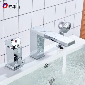 

Bathtub Faucet Waterfall 3pcs Basin Faucets Widespread Tub Sink Mixer Taps Chrome Brass Bathroom Bath Shower Faucet with Handsho