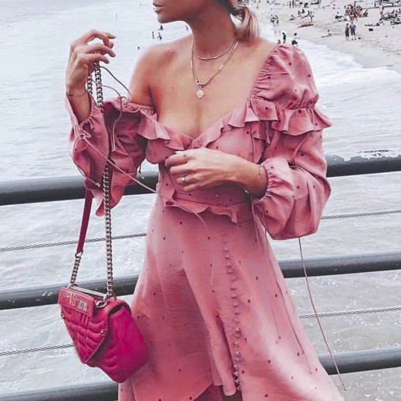 

Ruffled v-neck women dress vintage Bohemian dot sweet summer dress Lantern sleeve asymmetrical elegant sexy party dress