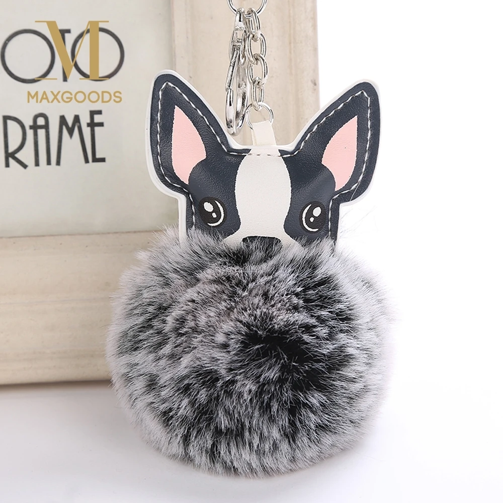 

Fluffy Rabbit Fur Ball French Bulldog Keychain Pompom Key Chain Pu Leather Animal Dog Keyring Holder Bag Charm Trinket Chaveiros