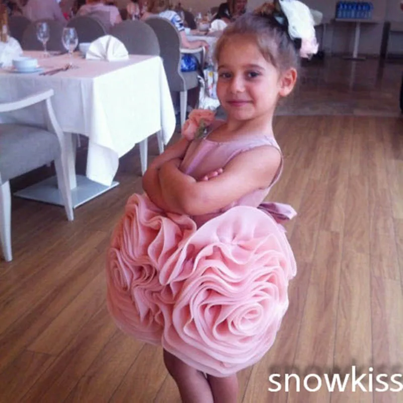 

Champagne/pink short ball gowns beautiful flowers satin ruched flower girls dresses nice birthday party gown for wedding
