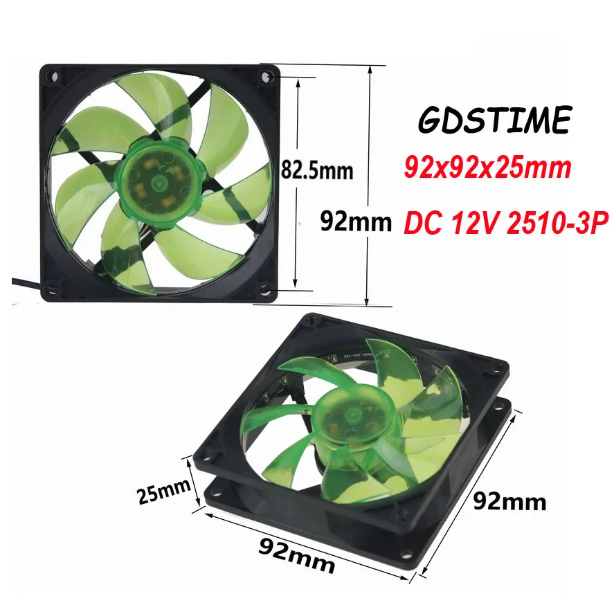 Gdstime 1 шт. 92 мм x 25mm защитного стекла 92x92 мм 12 V 3 контактный чехол для ноутбука охлаждающий вентилятор постоянного тока 90 мм светодиодный вентилятор, украшенное мозаикой из драгоценных камней, 12 огни 9 см ПК кулер отключения звука