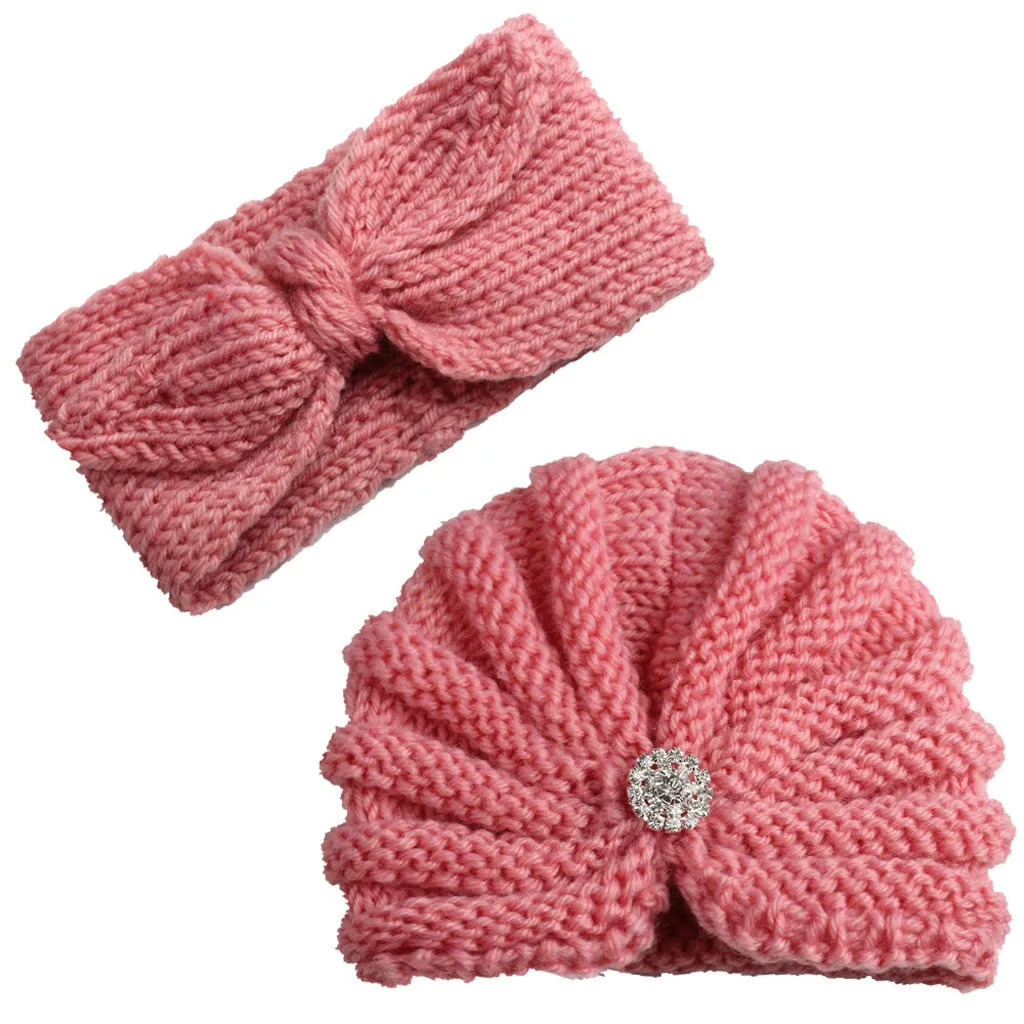 Вязаная шапка-тюрбан для новорожденных мальчиков и девочек, повязка на голову, шапка головной убор, шапка с бантом, шерстяная повязка для волос, аксессуары для волос, комплекты из двух предметов - Цвет: K