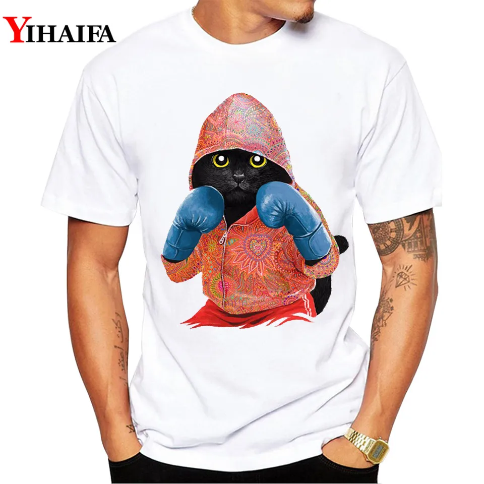 

Men T-Shirt Cat suit gym Print Fashion Summer Short Sleeve Hipster Animal T Shirts White Tee Tops