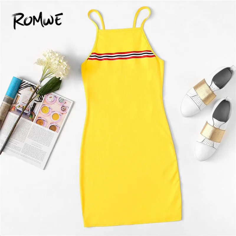 

ROMWE Women Yellow Casual Bodycon Mini Cami Dresses Summer Spaghetti Strap Straight Hem Striped Detail Slim Fit Short Dress