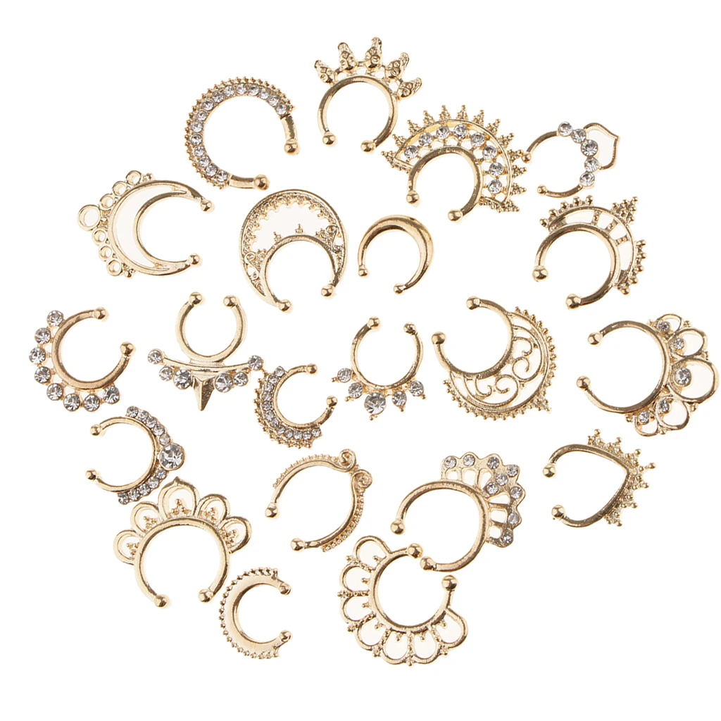 21 Pieces Crystal Fake Septum Clicker Nose Ring Non-piercing Assorted Shape Illusion Piercing Nose Ring Loop