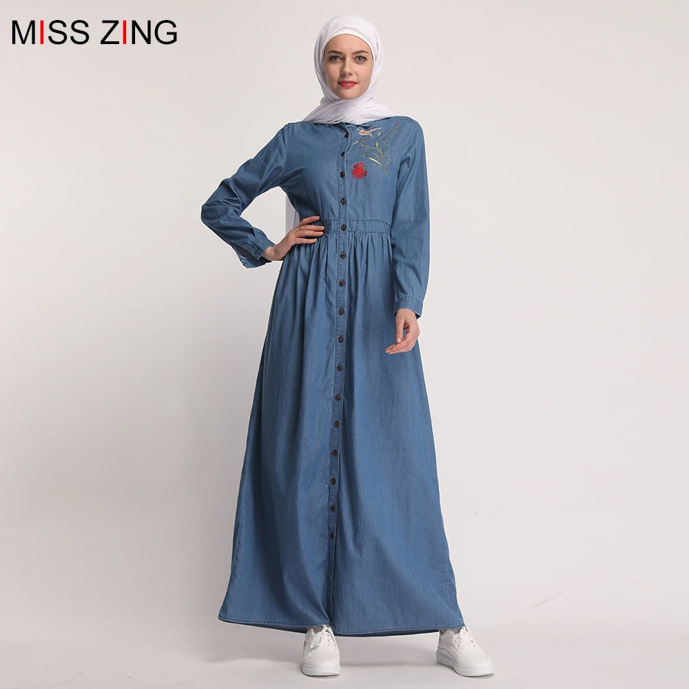 

Zing Denim Embroidery Women Dress Long Sleeve Skirt Muslim Abaya Kimono Long Gowns Ramadan Middle East Islamic Prayer Clothes