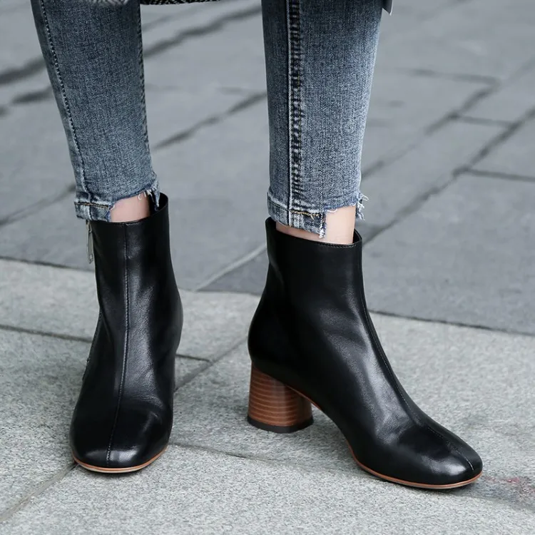 

MLJUESE 2020 women ankle boots soft cow leather autumn spring zippers square toe high heels women boots