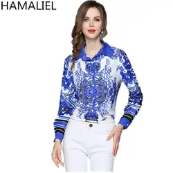 HAMALIEL Офисные женские туфли Blusa Feminina 2018 лето синий Printting Для женщин блузки Повседневное Slong рукав поплин Повседневная обувь рубашка Топы