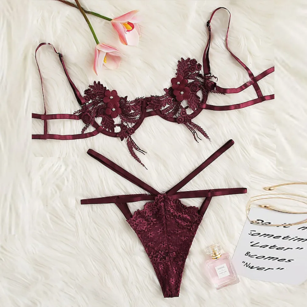 

Ladies underwear tight-fitting no wire lenceria sexy silk rim Racy Muslin pajamas top wine red lace underwear set L0302