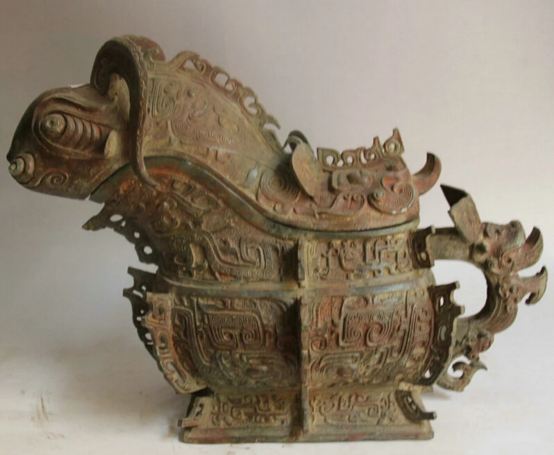 

S2184 16" Old Chinese Bronze Beast handle water food vessel Pot Jar Crock kettle Zun D0318