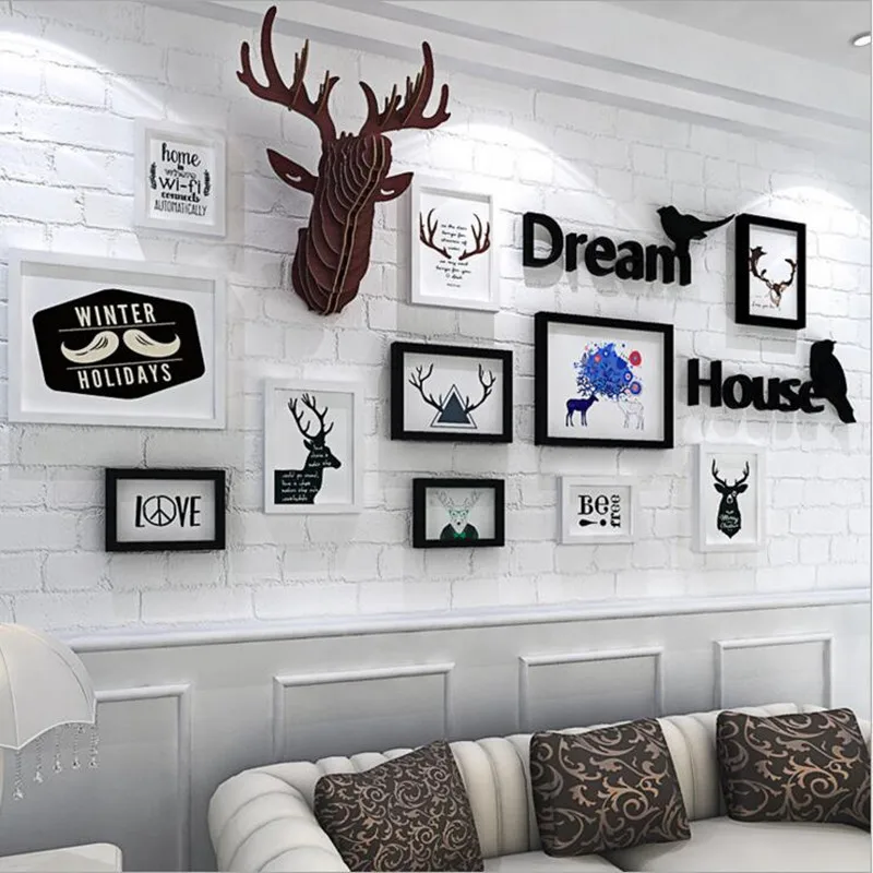 

1 Set 11 Boxes European Style Wood Photo Frame Home Decor Wall Picture Album Section Hanging Deer Head Decor with Black Letters