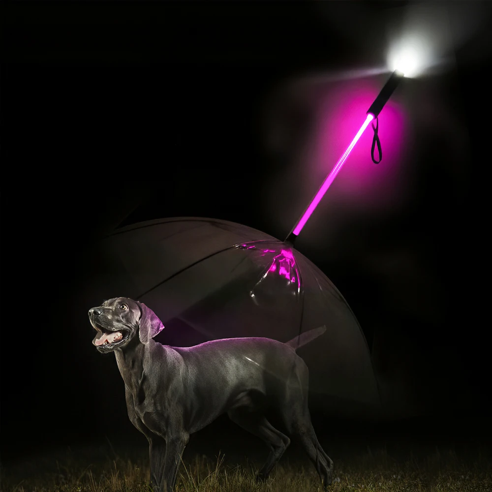 

Pet Dog Umbrella Leash LED Transparent Waterproof Glowing Pet Umbrella Flashlight Handle for Walk Dog Pets in Rainy Day