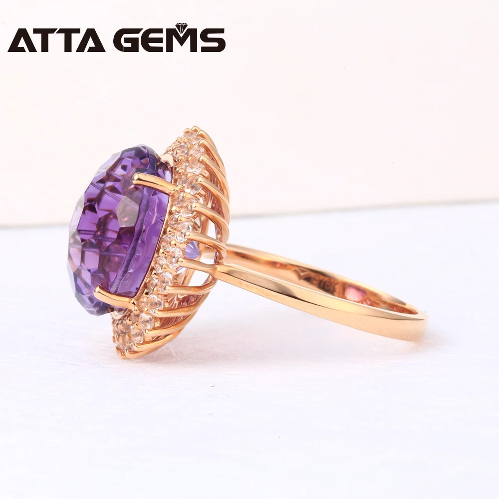 Natural Amethyst Real 18K Rose Gold Women Wedding Ring 13 Carats Amethyst Firework Cutting With Diamond Ring Jewelry Brand