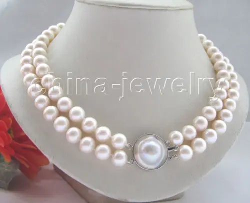 

shipping AAA+ 17-18" 2row 11mm white round freshwater pearl necklace - 925 silver clasp