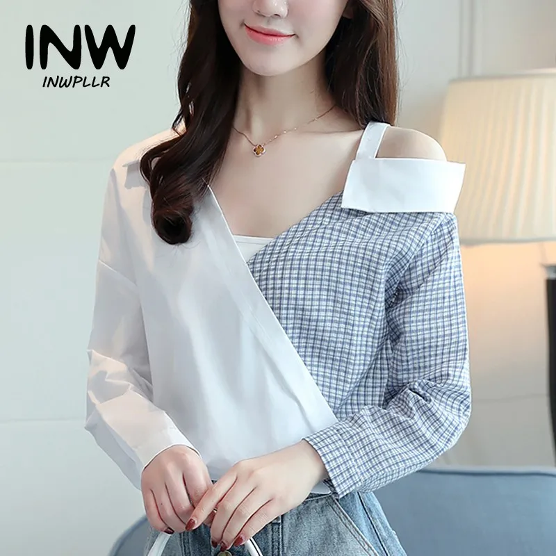 One Shoulder Shirts Women 2018 Fall Style Plaid Patchwork Blusa
