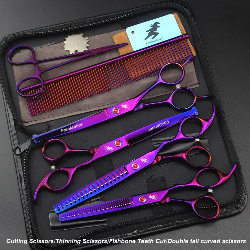 7.0inch pet grooming scissors set straight cut teeth cut fish bone scissors prt grooming - Цвет: Set 1