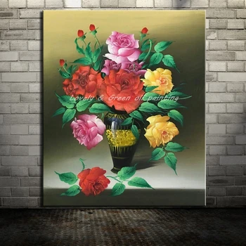 

Hand Painted Red Yellow Powder Rose Flowers Oil Painting On Canvas Modern Abstract Wall Art Pictures For Living Room Wall Decor