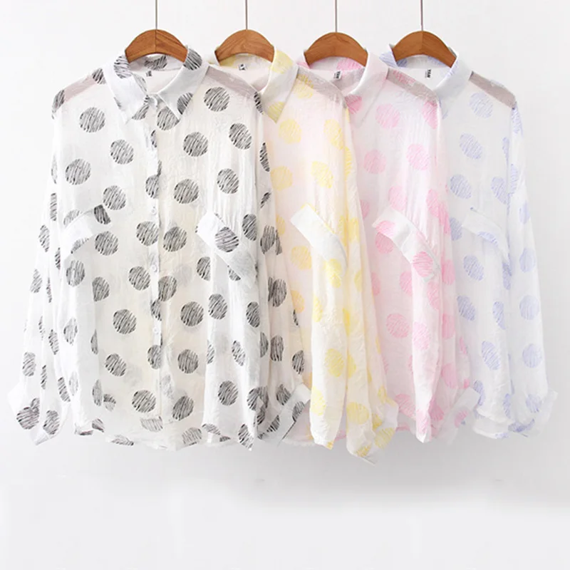

2019 New Summer Chiffon Blouses Polka Dots Women Shirts Casual Long Sleeve Vintage Ladies Shirt Tops Korean Fashion Clothes