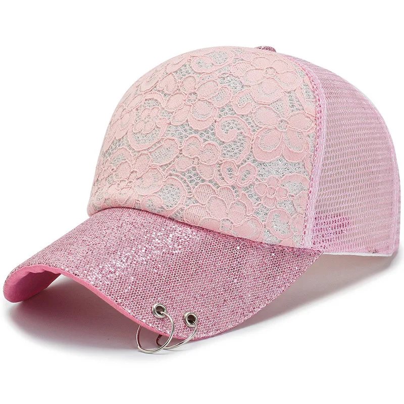 Women Snapback Mesh Baseball Cap with Lace flower Curved visor Shiny sequin Ring Summer Glittering Trucker Hat Brilliant Lolita
