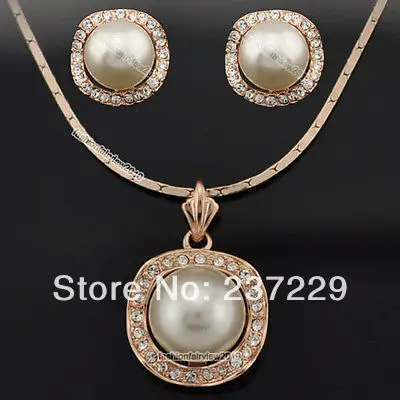 

Hot sell Noble- Wholesale price FREE SHIPPING aNew Rose Gold GP Clear Crystal Pearl Studs Earrings Necklace Jewelry Set (A0423)