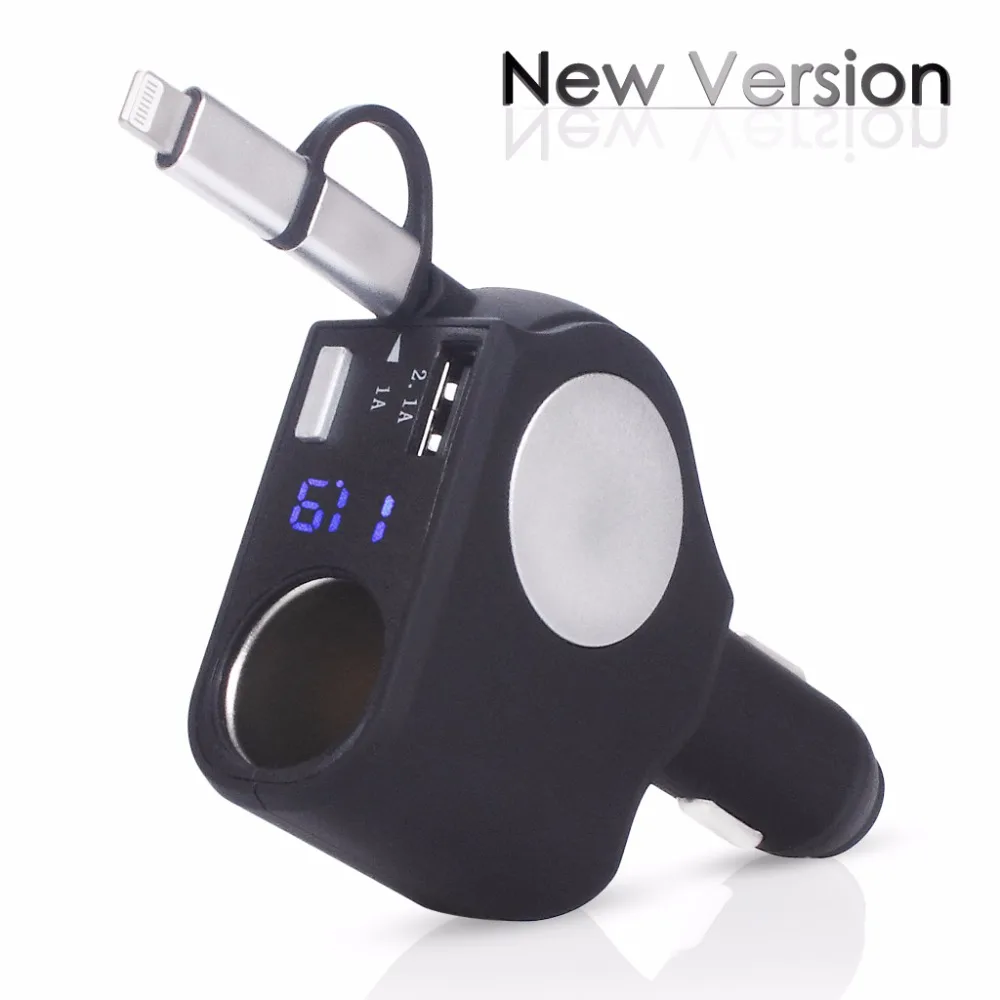 2 In 1 Retractable Rapid Car Charger 1 Socket Cigarette Lighter 3.1 Amp USB Port Smart Power