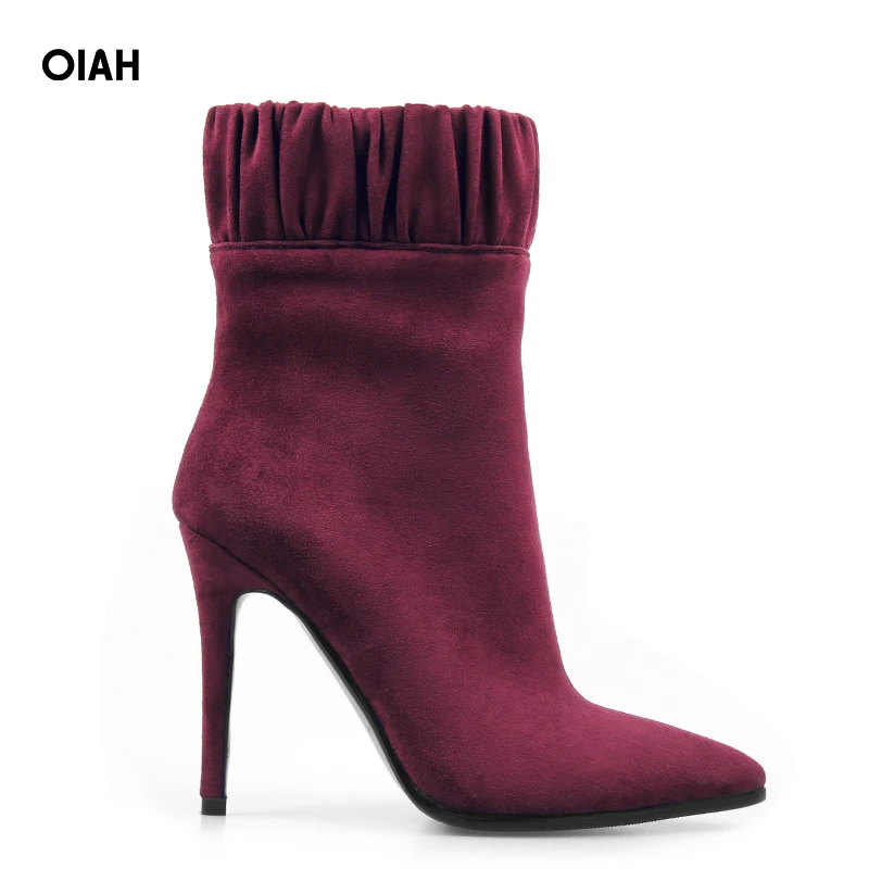 

Flock Ankle Boots Wine Red Pointed Toe Solid Thin Heel 10 CM Ankle Boots Winter Short Ankle Boots Shoes for Women Pleated