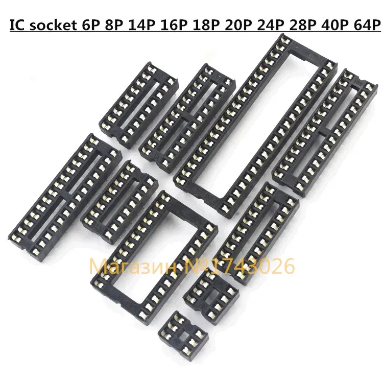 

High Quality 64pcs/Lot DIP IC Sockets Adaptor Solder Type Socket Kit Chip Socket IC Socket Base 6,8,14,16,18,20,24,28,40,64