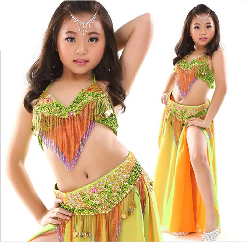 Kids Double Colors Belly Dance Set Top&Skirt With Waist Chain,Dance