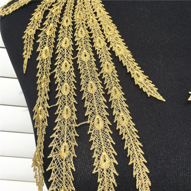 1 пара золотые вышитые венецианские кружевные ткани для шитья воротника аппликация Феникс/перо павлина Diy аксессуары для платья